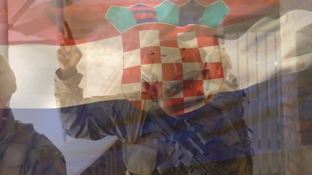Croatian flag overlay, soldiers in tactical gear standing together outdoors