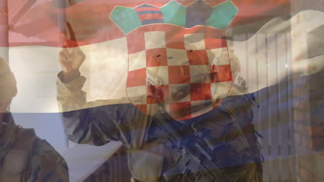 croatian flag overlay, soldiers in tactical gear standing together outdoors