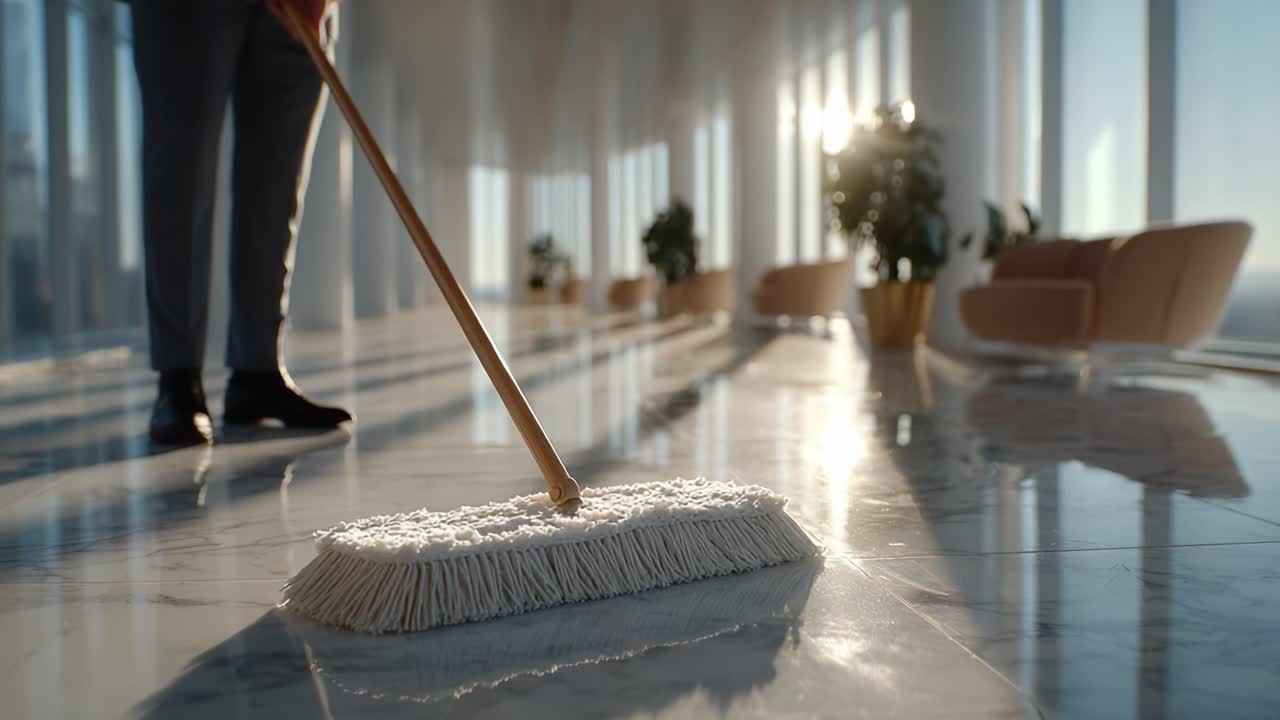 A Person Cleaning a Gleaming Floor with a Mop in a Modern, Sunlit Space, Showcasing the Importance of Maintaining Cleanliness and Hygiene in Contemporary Environments