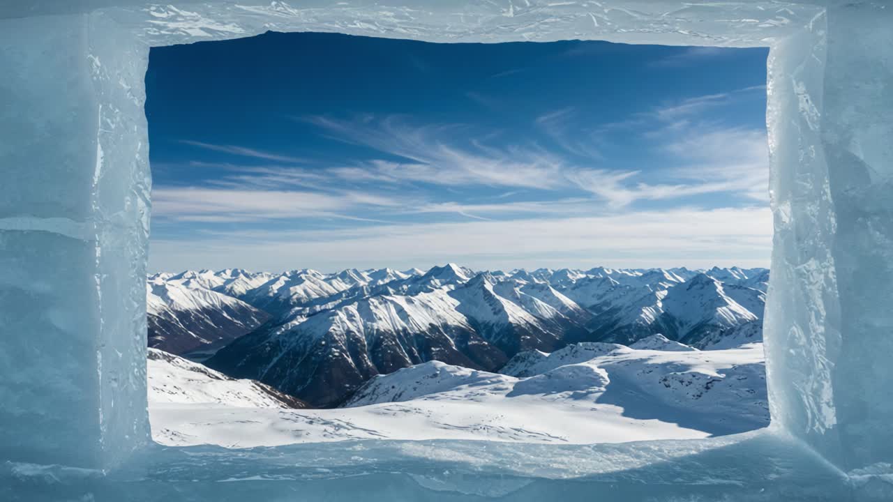 Breathtaking Winter Landscape Framed in Ice: A Stunning View of Snow-Covered Mountains Under a Clear Sky Captured in This Scenic Atmosphere