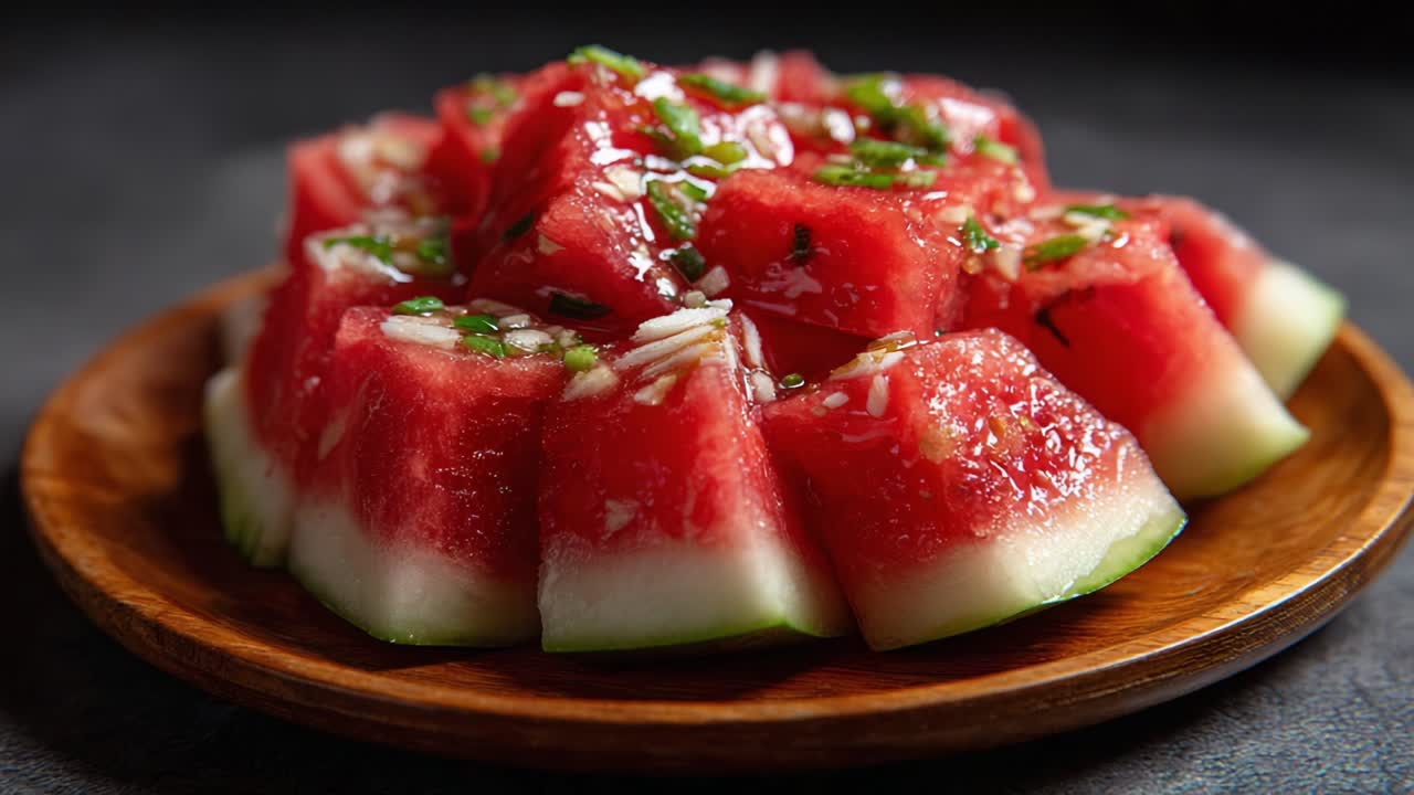 Deliciously Chopped Watermelon: A Refreshing Treat Served on a Wooden Plate with a Garnish of Fresh Herbs and Flavors for a Summer Delight