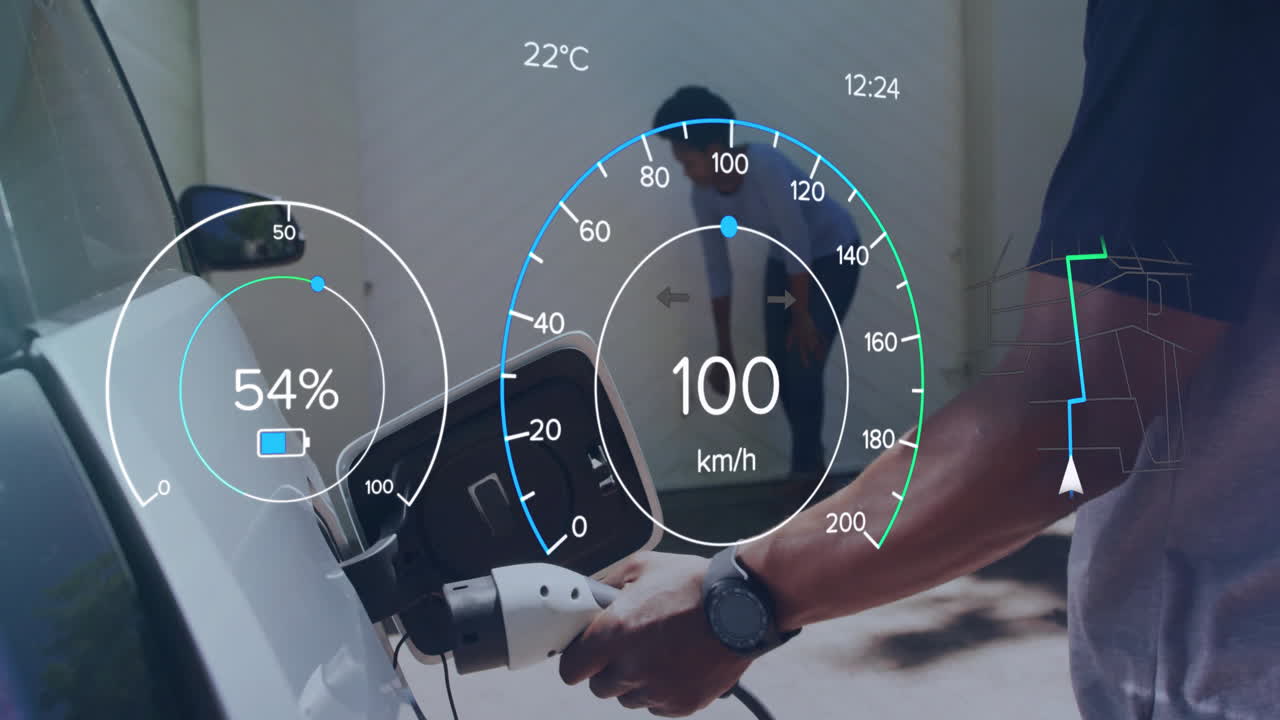 Charging electric car with animation of digital speedometer and battery level