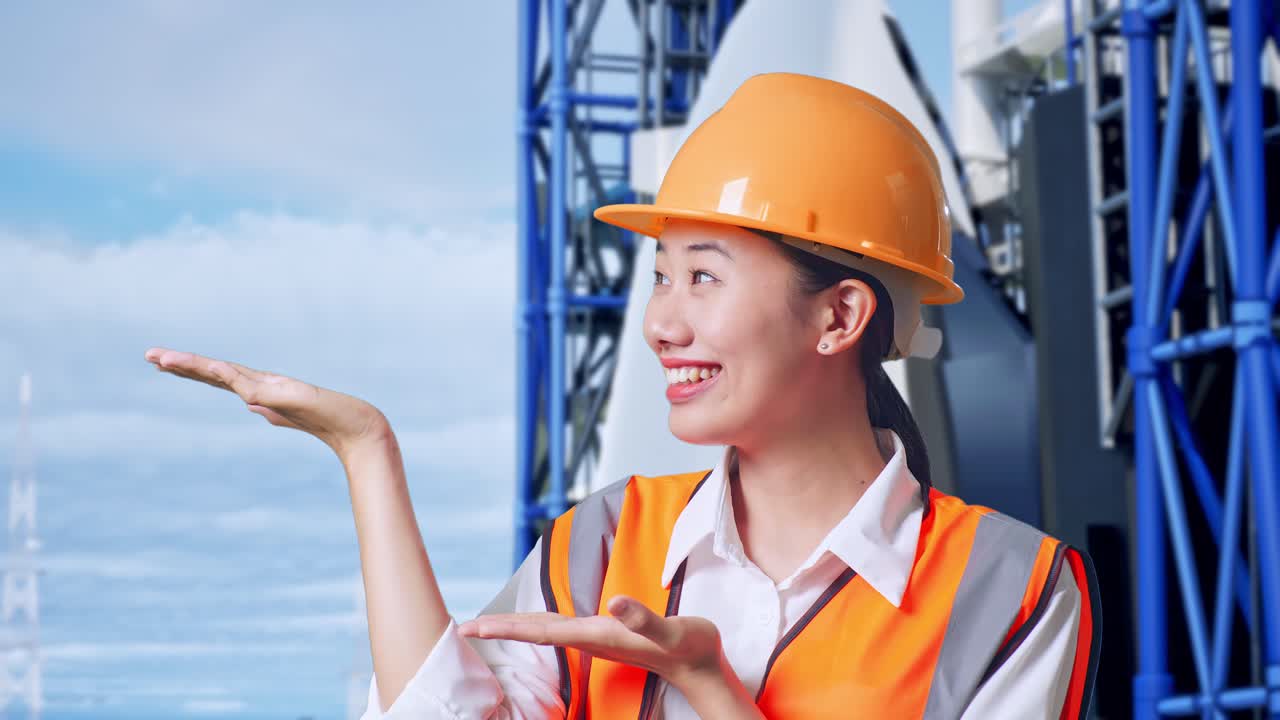 안전 헬을 입은 아시아 여성 엔지니어가 우주왕복선과 함께 서 있는 동안 웃고 을 가리키고 있습니다.