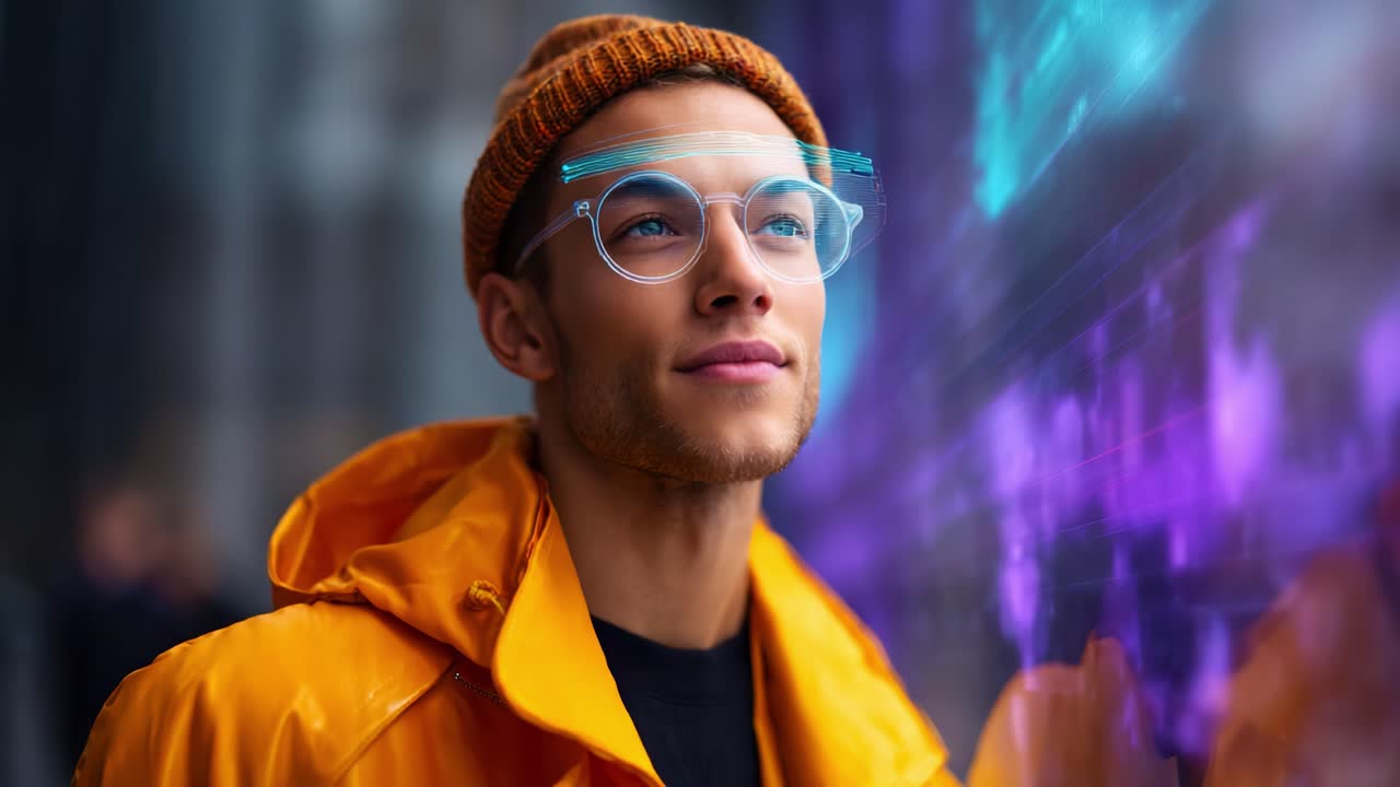 Un giovane uomo con occhiali alla moda e un berretto color senape osserva pensieroso un display digitale interattivo, decorato con colori e modelli vivaci in un ambiente urbano.