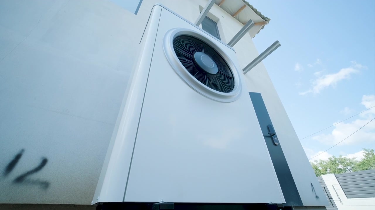 Modern Air Source Heat Pump Installed Outside Residential House