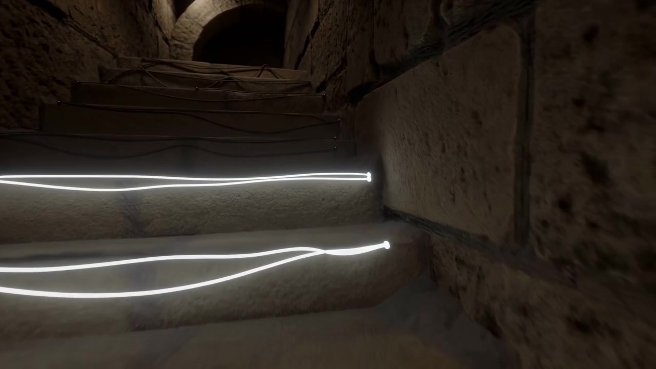 Close floor viewpoint reveals narrow worn stone stairway rising beneath dark arch, with glossy dark cables secured across each tread by small metal pins while white light streaks glow along steps