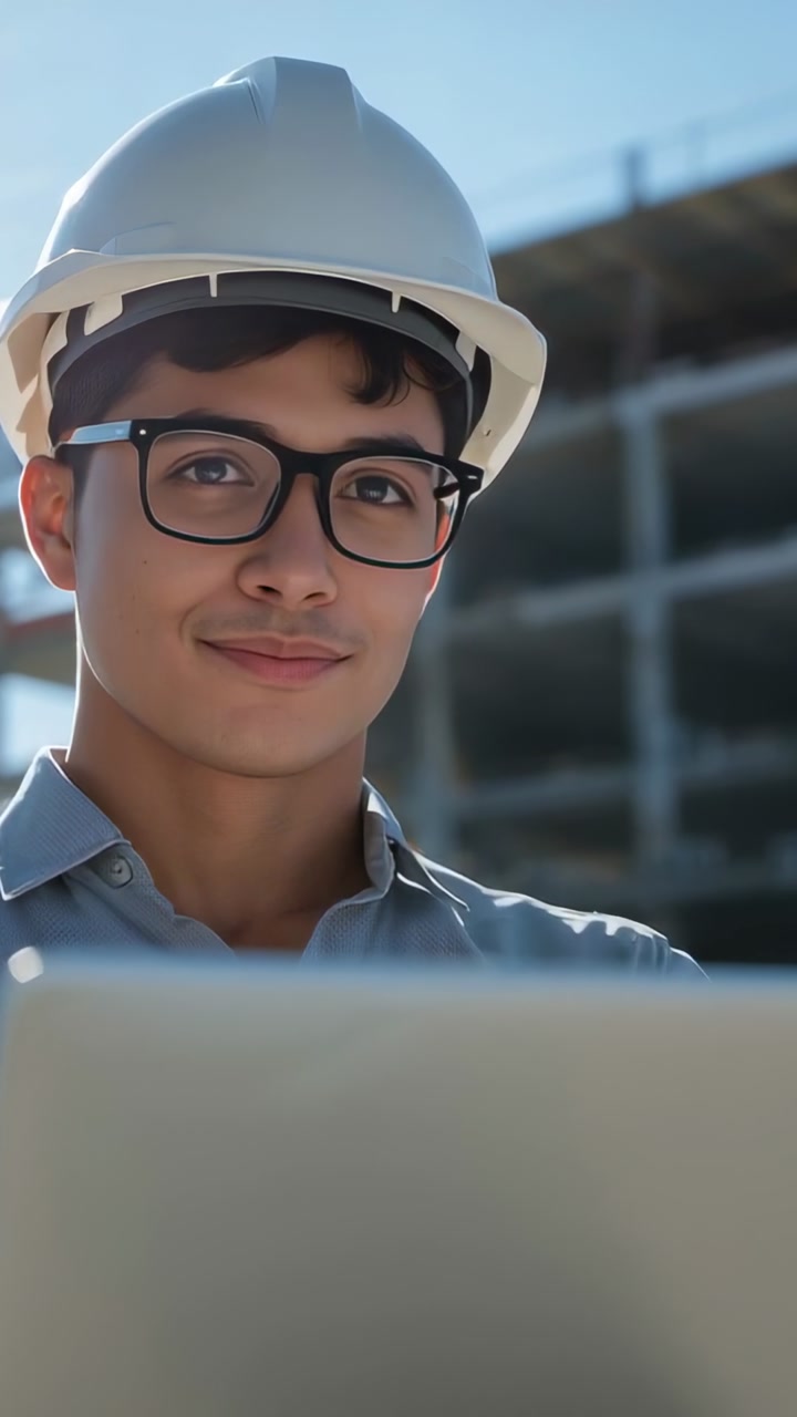 Vertical video: Smiling engineer wearing hardhat reacting to laptop, checking plans at work site