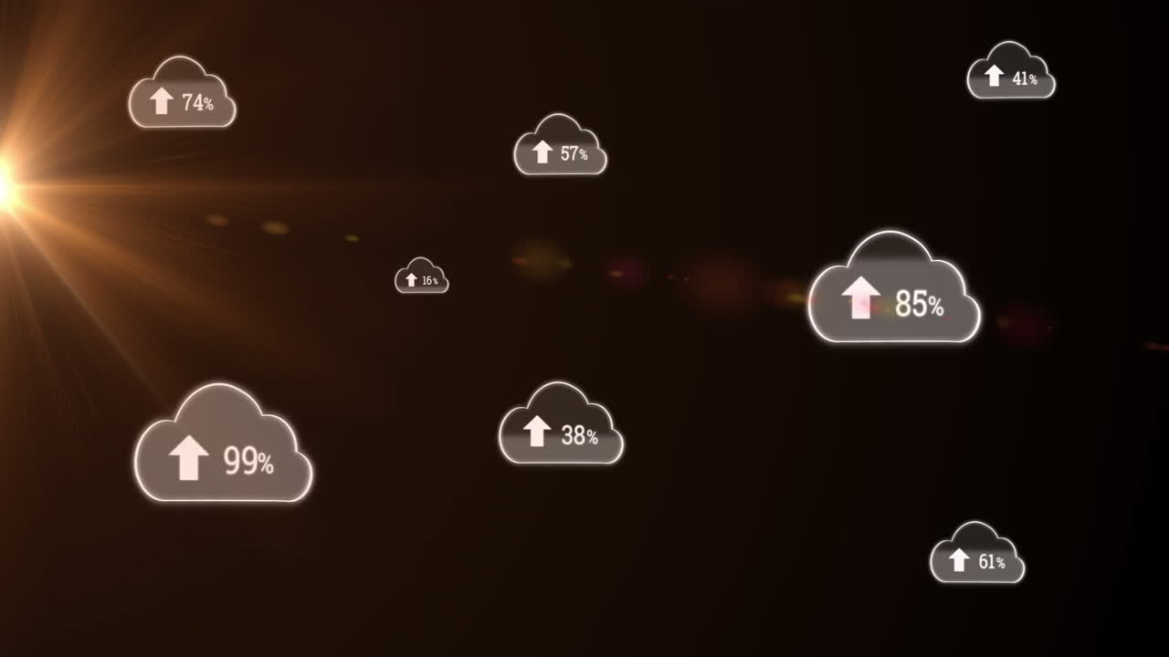 Floating cloud upload progress icons glowing on flat dark backdrop with orange lens flare radiating
