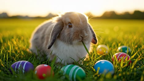 a bunny with easter eggs in the grass