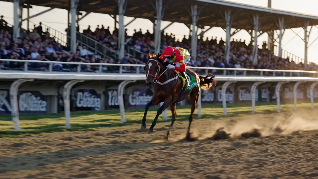 Dynamic video still of a horse race, captured from a low angle, highlighting speed and motion