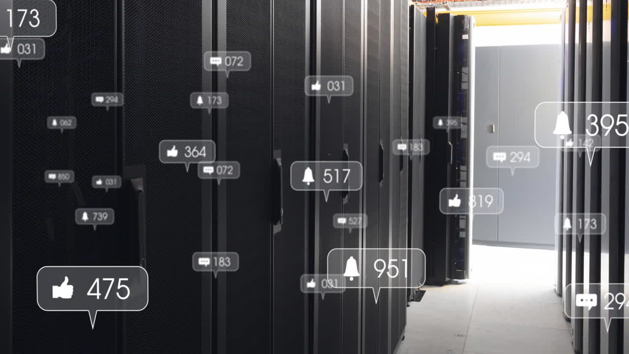 animación de iconos de redes sociales y procesamiento de datos a través de servidores informáticos