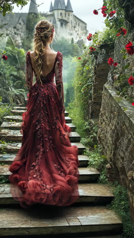 elegant woman in red gown walking through a garden with roses