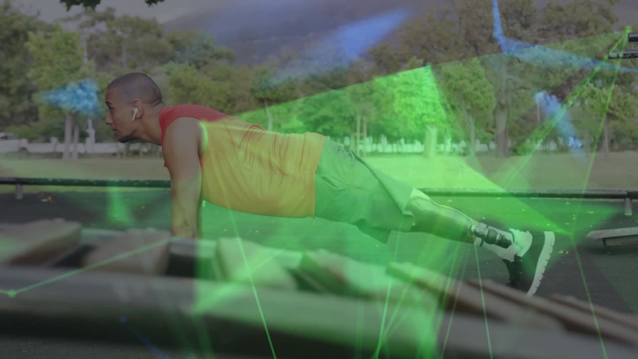 프로테시 다리를 가진 남성 운동 선수가 프레스 업을 하는 노란색 커뮤니케이션 네트워크의 애니메이션