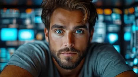man in front of multiple computer screens