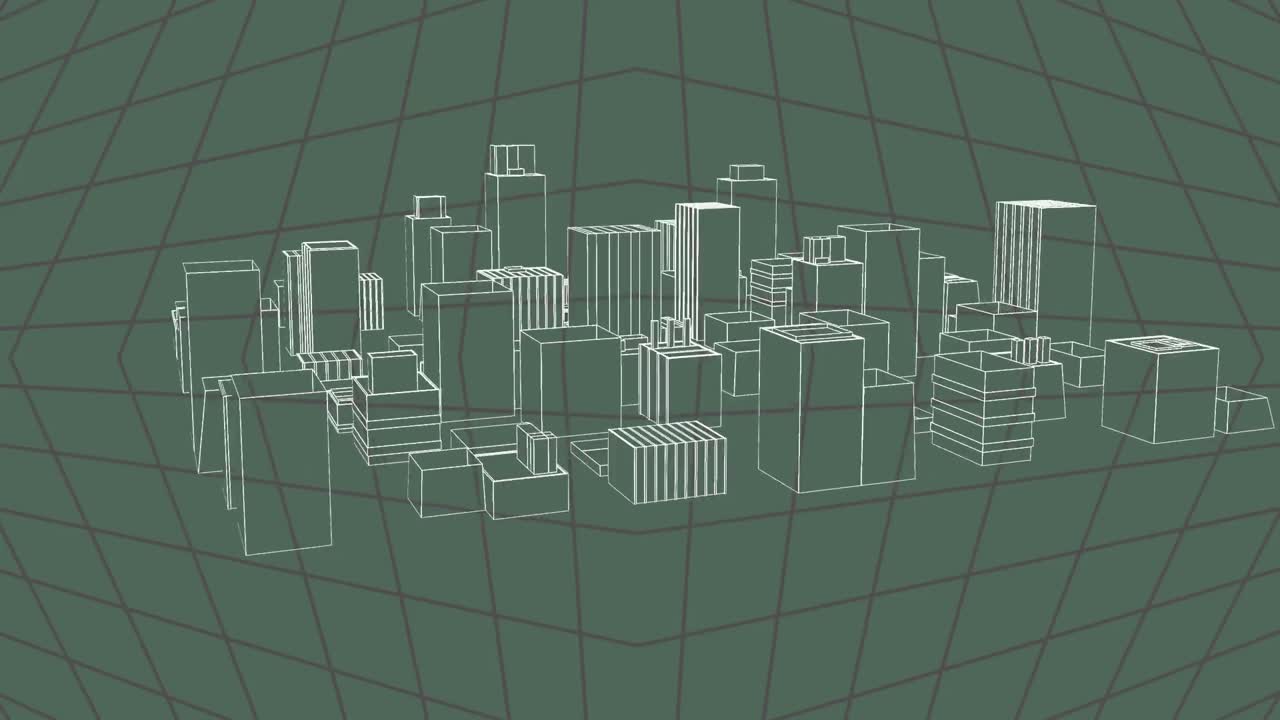 3d 아키텍처 도시 그림의 애니메이션이 그리드 위에 회전합니다.