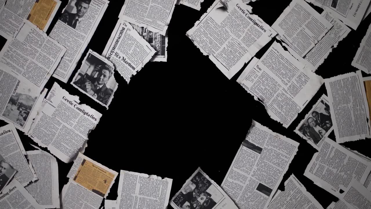 Top-down view of scattered newspaper clippings forming a circle on a black background