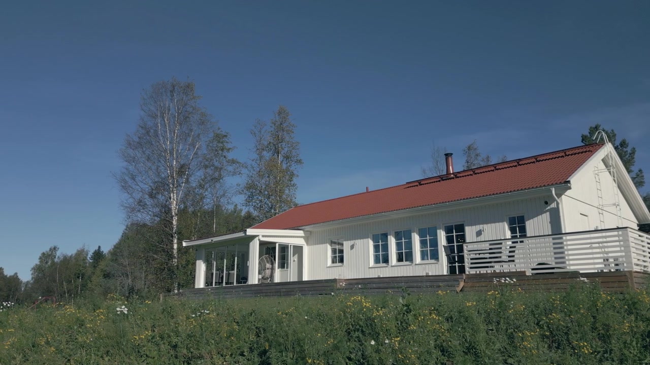Skandinavisk husdesign og have, dolly-optagelse 4K video.