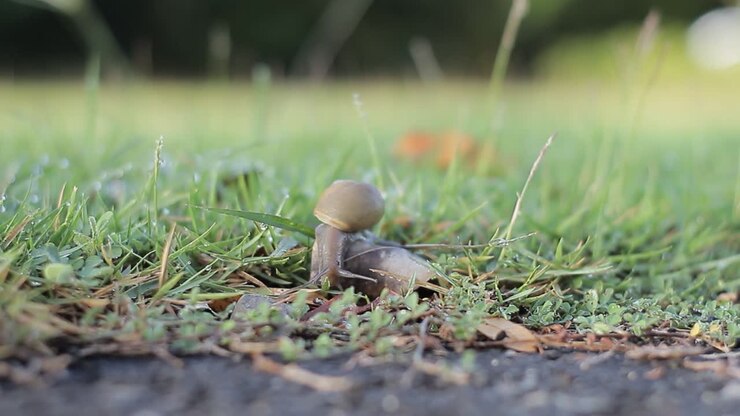 Grape snail crawls slowly over the garden