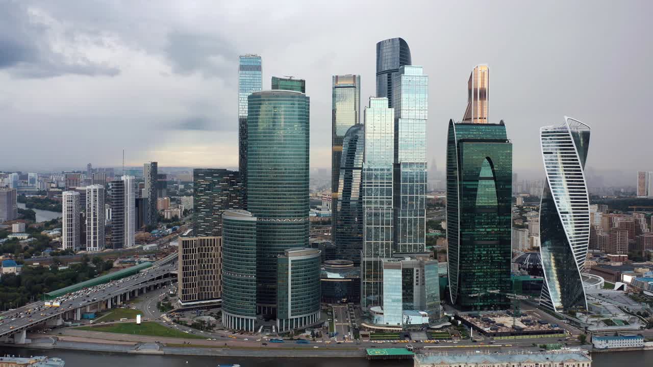 Aerial drone pan shot left to right of Moscow City at daylight