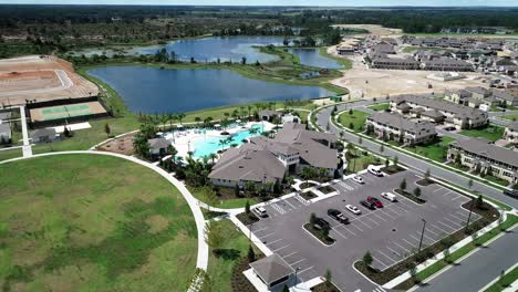 aerial view of an upper middle class lakefront neighborhood subdivision with single family homes and townhouses, pool and clubhouse on a cloudy fall day in winter garden, florida, usa