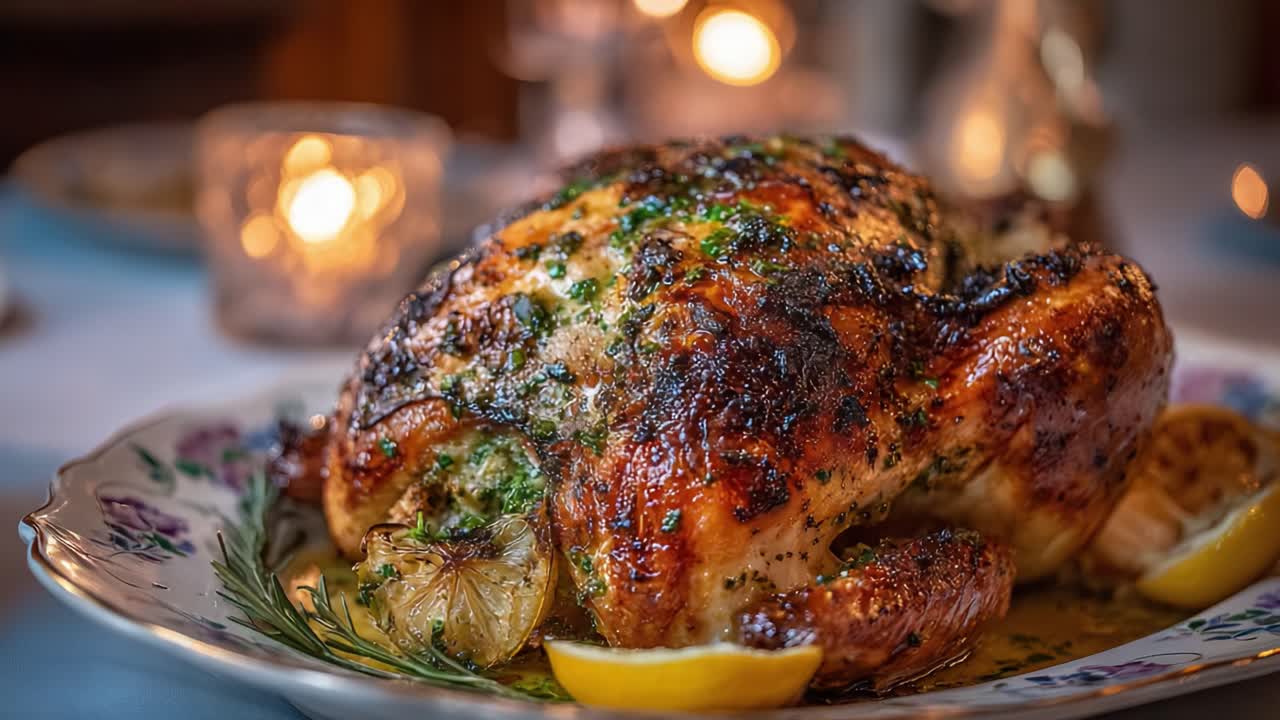 A beautifully roasted chicken dish, garnished with zesty lemon slices, displayed elegantly on a floral platter, exuding a tempting aroma and appealing presentation