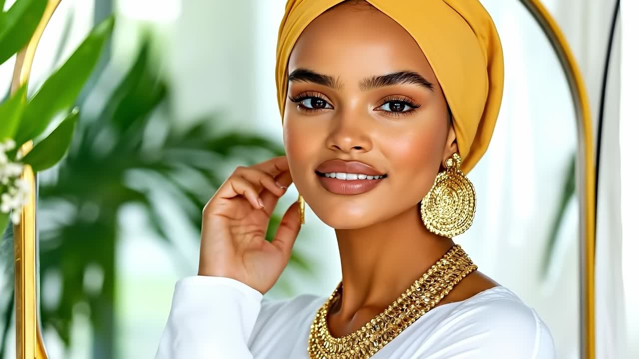 A woman wearing a yellow turban and gold jewelry