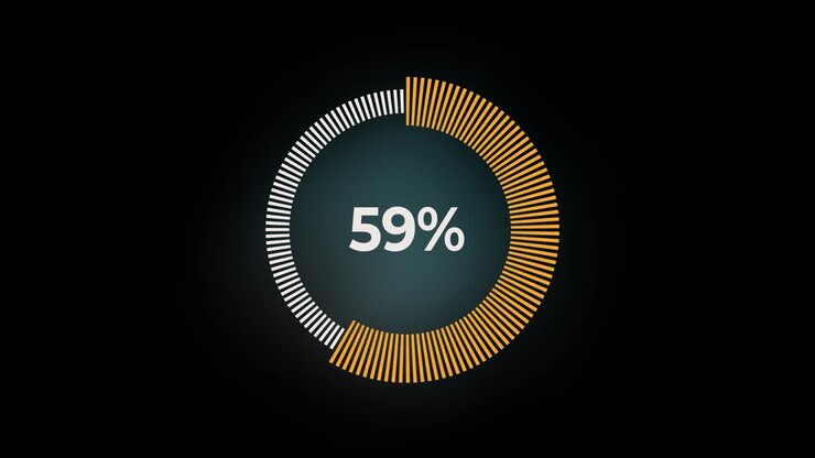 Animazione barra di caricamento gialla con canale Alpha. 0-75 percento. Animazione di caricamento con cerchio su sfondo nero. Pagina di download. 4K