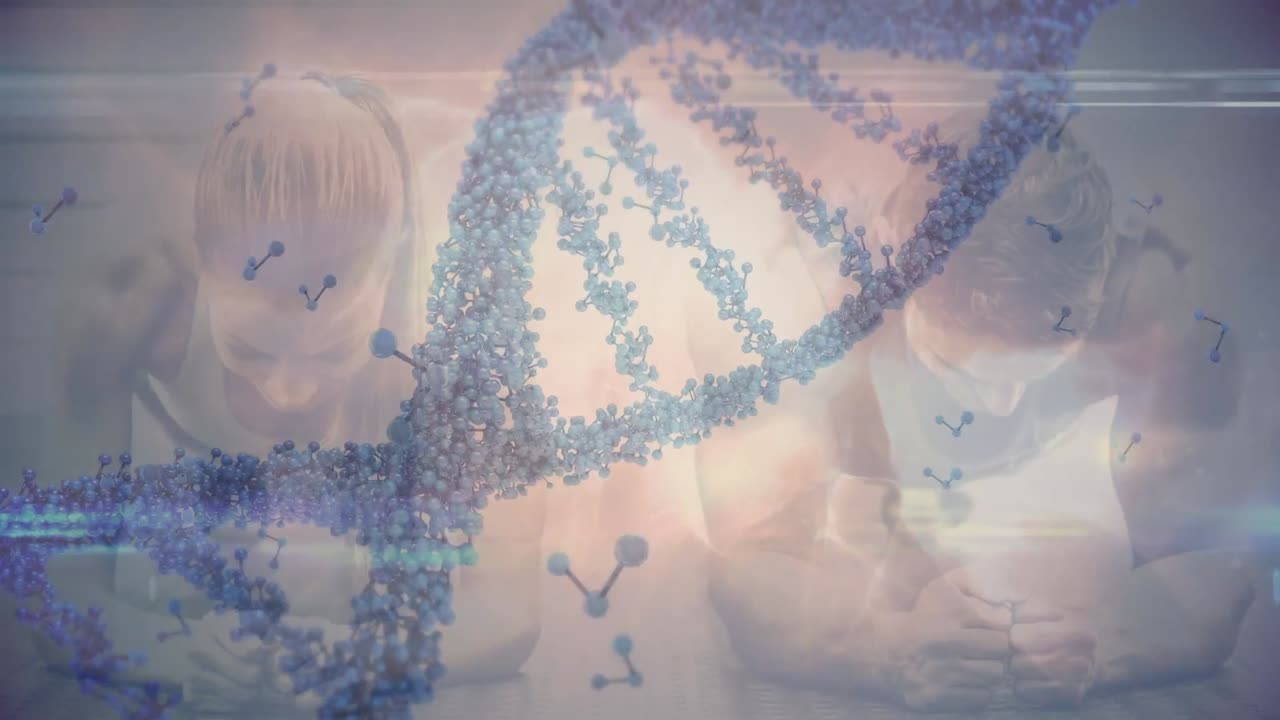 animación de adn y moléculas sobre atletas caucásicos femeninos y masculinos haciendo ejercicio