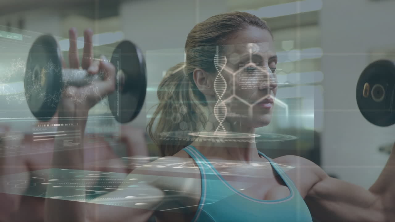 animación del procesamiento de datos sobre una pareja caucásica en el gimnasio