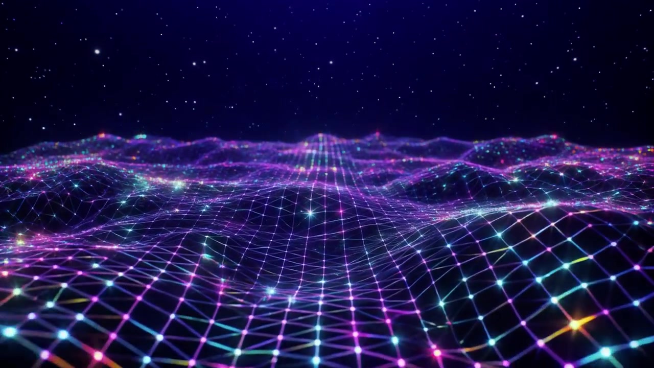 Abstract Digital Grid Landscape with Glowing Neon Nodes