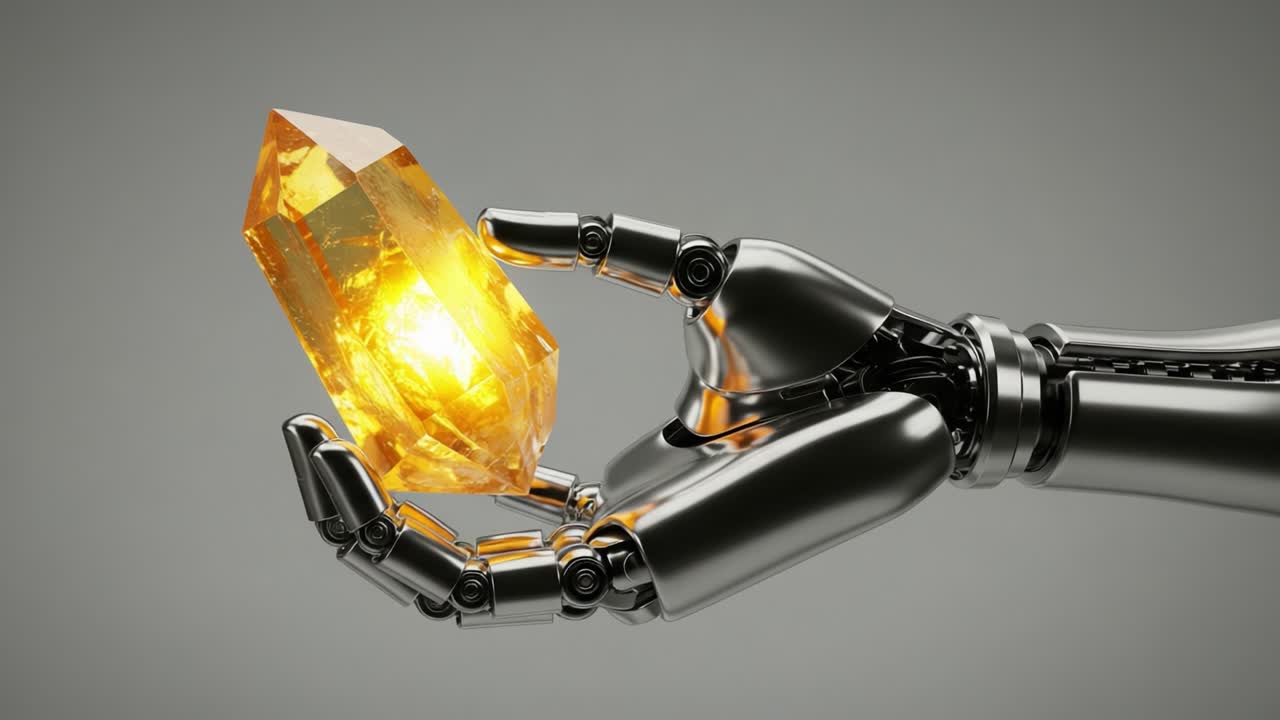 A Robotic Hand Gently Cradling a Radiant Golden Crystal, Showcasing the Fusion of Advanced Technology and the Beauty of Natural Minerals