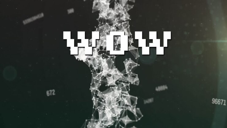 Animation of wow text over data processing and network of connections