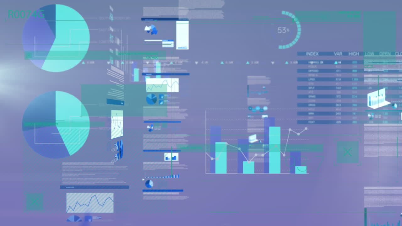 Animation of statistics and data processing over blue background