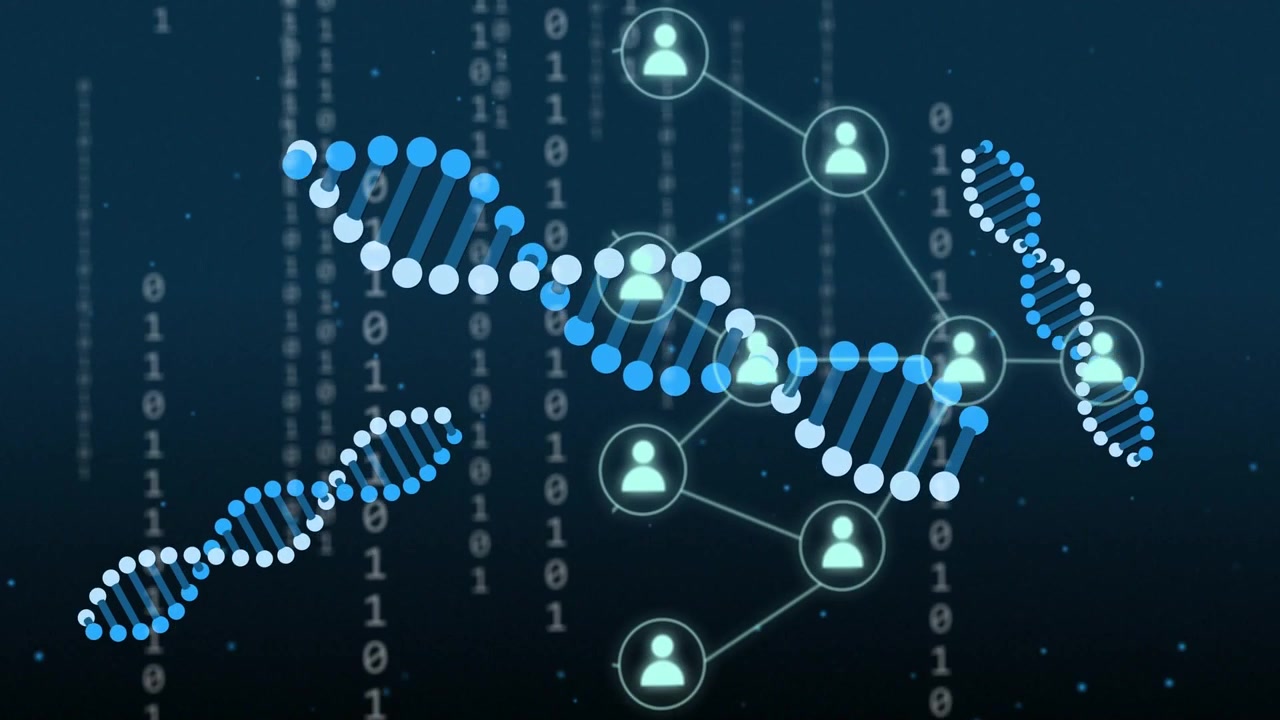 Faldende binære cifre, der danner en dobbelt helix, mens noder forbinder og viser dataflow
