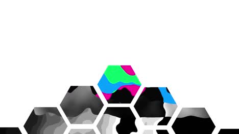 animación de manchas coloridas y en escala de gris en movimiento en hexágonos sobre fondo blanco