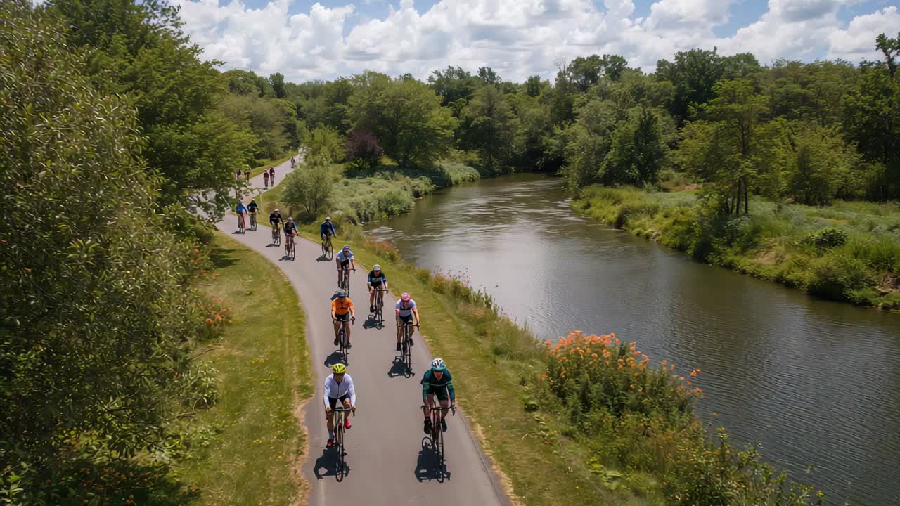 Drone zooming revealing cyclists riding toward lens for fitness on river trail, with bikes, jerseys