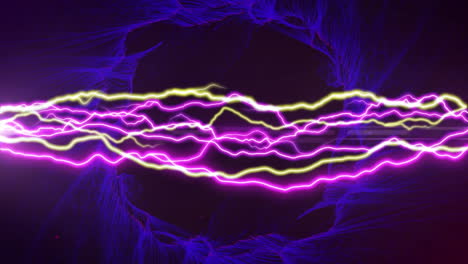 Animation of colourful lightning over blue shapes