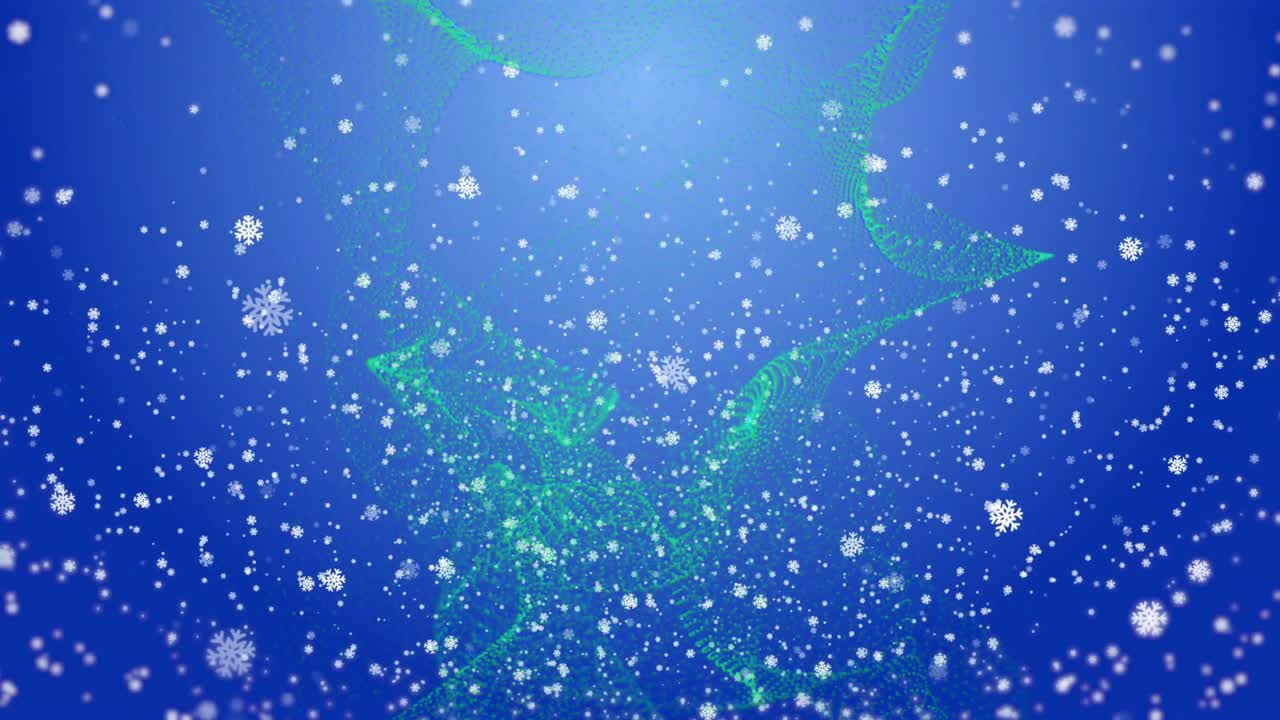 After first pulse green wireframe rotating and morphing while snowflakes falling for winter theme