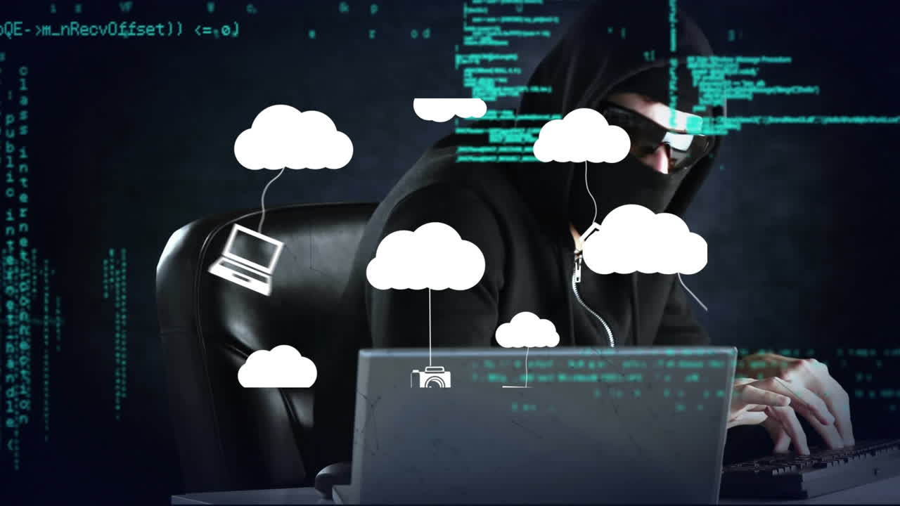 Animation of clouds with icons over hacker using laptop and data processing