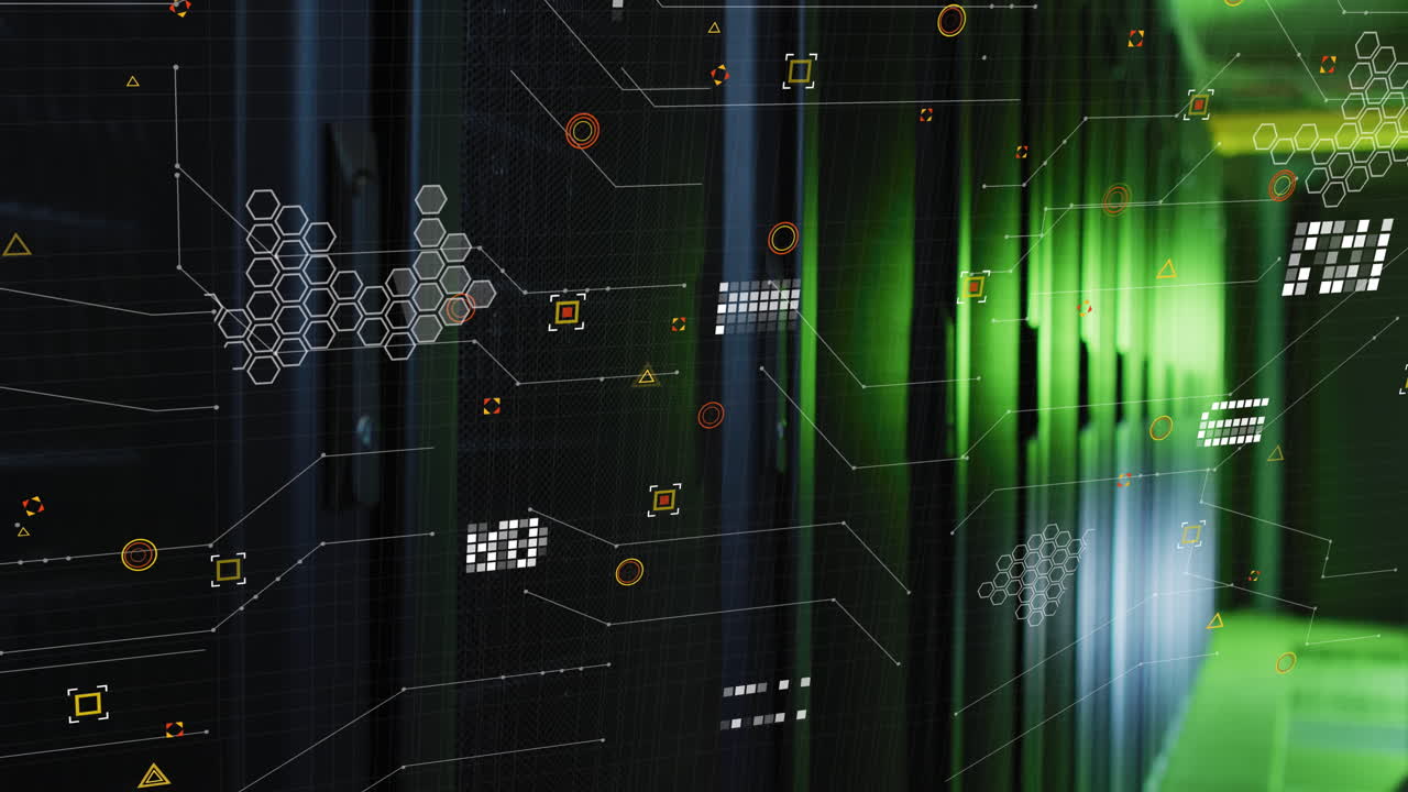 animación de formas geométricas y patrones de placas de circuitos sobre la sala del servidor