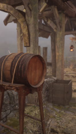 old wooden barrel on stand in rustic setting