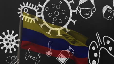 Animation-of-covid-19-virus-cells-and-digital-icons-over-flag-of-colombia