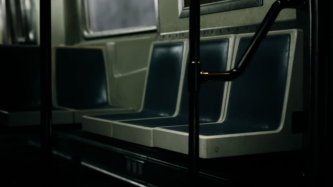 Empty subway car with dim lighting during late night hours