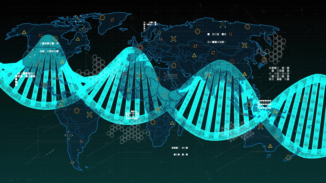 Animation of dna strand over data processing and world map