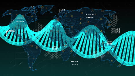 animation of dna strand over data processing and world map
