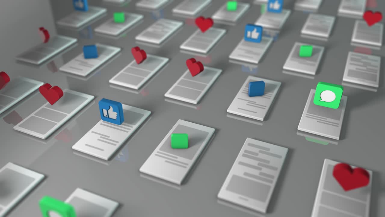 3d rendering of the background with the symbols like , thumbs up , received message , received email over mobile phones. The concept of a social network. Cyclic animation.