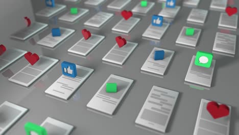 renderización 3d del fondo con los símbolos como, pulgar hacia arriba, mensaje recibido, correo electrónico recibido a través de teléfonos móviles. el concepto de una red social. animación cíclica.