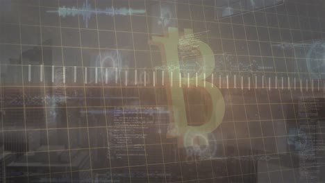 Animation-Von-Bitcoin-Symbolen,-Rundscannern-Und-Datenverarbeitung-Vor-Dem-Hintergrund-Einer-Luftaufnahme-Des-Stadtbildes