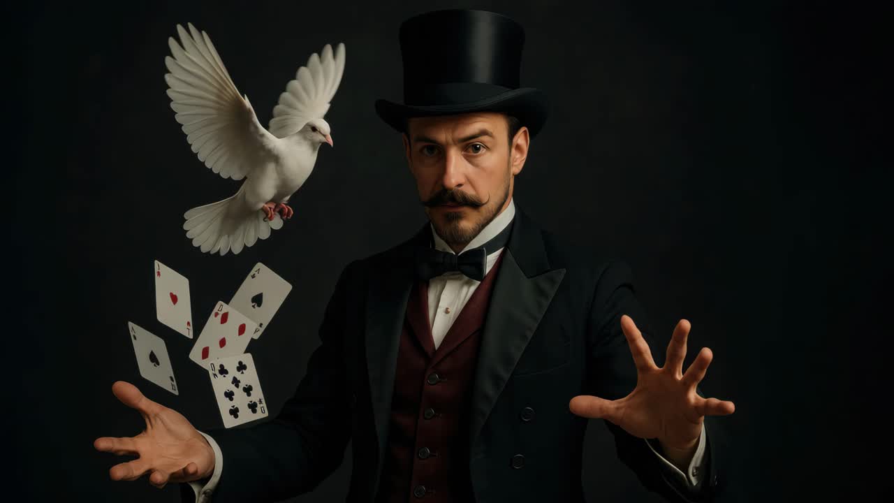 Un mago con cilindro esegue un gioco di prestigio con le carte e una colomba, ripreso in un'inquadratura drammatica dal basso