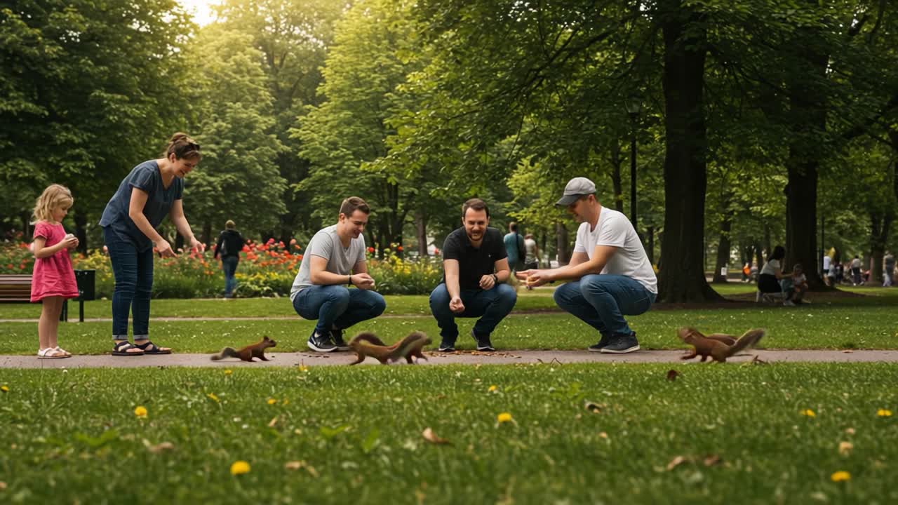 People feeding squirrels in a park